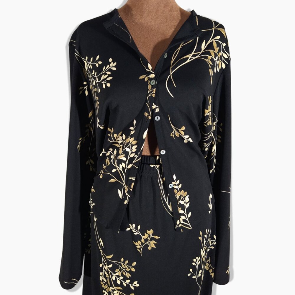 Maxi Skirt & Top Set – Women’s L Black Beige Leaf Print 2pc Vintage